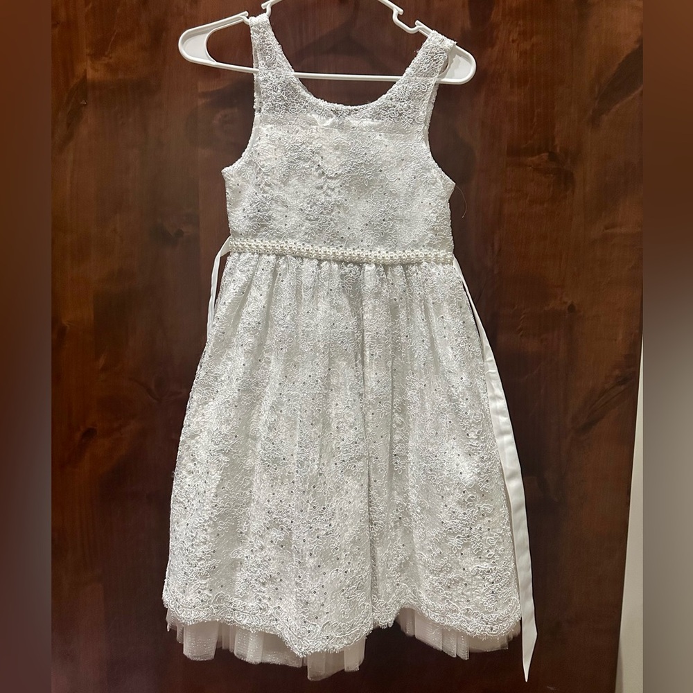 Girls' White Lace Party Dress with Pearl and rhinestone  Waist